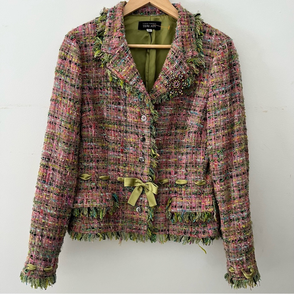 Teri Jon by Rickie Freeman Women's Multicolor Tweed Jacket with brooch size 14